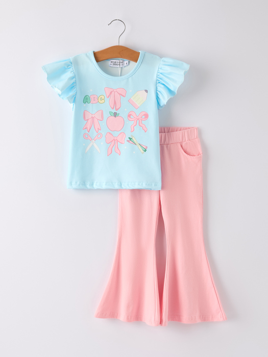 Back-to-school Toddler Girls Blue top + Bell-bottom Pants