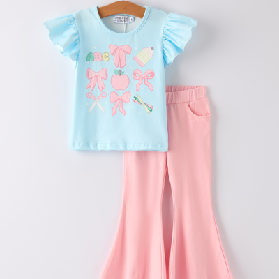 Back-to-school Toddler Girls Blue top + Bell-bottom Pants