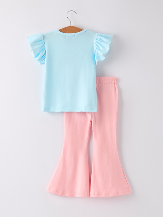 Back-to-school Toddler Girls Blue top + Bell-bottom Pants