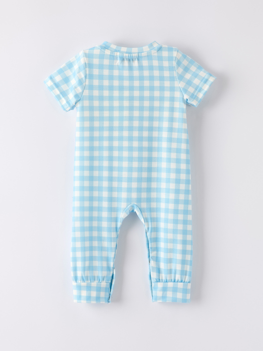 Fall Halloween & Thanksgiving Boys Pumpkin Embroidery Smocking Blue Plaid Baby Boy Romper