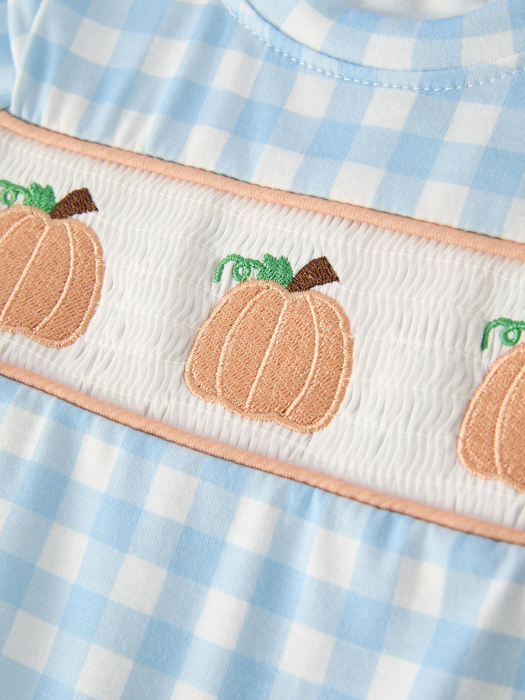 Fall Halloween & Thanksgiving Boys Pumpkin Embroidery Smocking Blue Plaid Baby Boy Romper