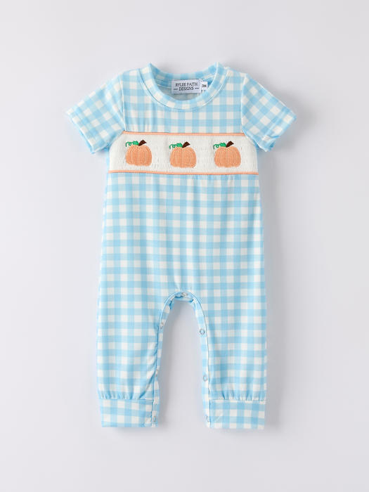 Fall Halloween & Thanksgiving Boys Pumpkin Embroidery Smocking Blue Plaid Baby Boy Romper