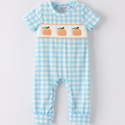 Fall Halloween & Thanksgiving Boys Pumpkin Embroidery Smocking Blue Plaid Baby Boy Romper
