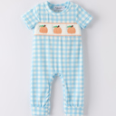  Fall Halloween & Thanksgiving Boys Pumpkin Embroidery Smocking Blue Plaid Baby Boy Romper