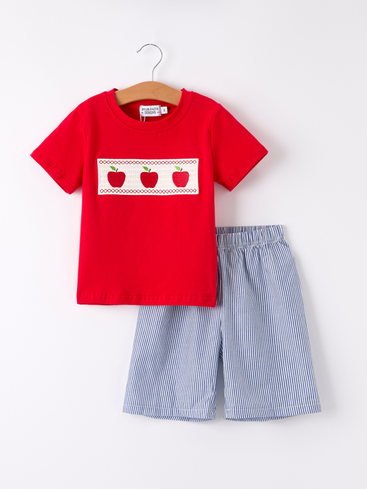 Boys Back to School Smock Embroidered Apple Set