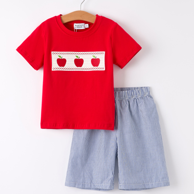 Toddler Boys Back to School Smock Embroidered Apple Set