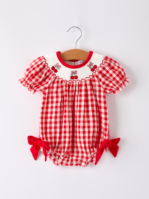Red Cherry Bow Plaid Smocking Embroidery Baby Girls' Romper