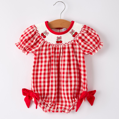 Red Cherry Bow Plaid Smocking Embroidery Baby Girls' Romper