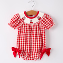  Red Cherry Bow Plaid Smocking Embroidery Baby Girls' Romper