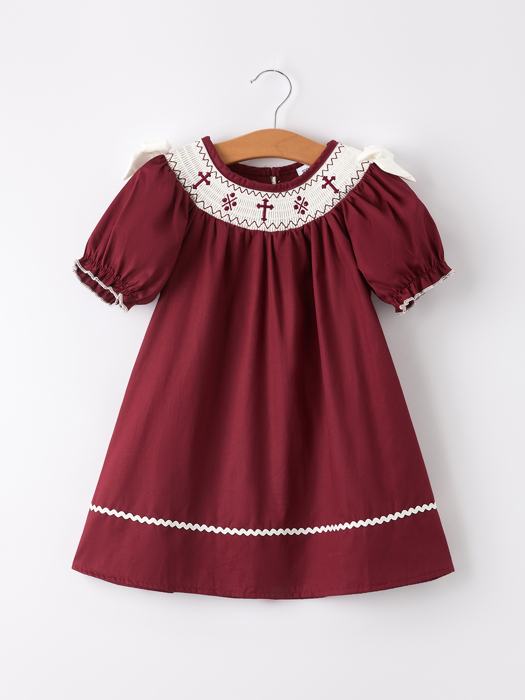 Dark Red Smocked Church Christ Bishop Christening Girls Dress