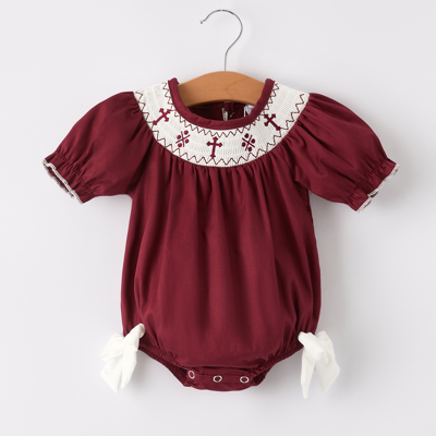 Dark Red Smocked Church Christ Bishop Christening  Baby Girls Romper