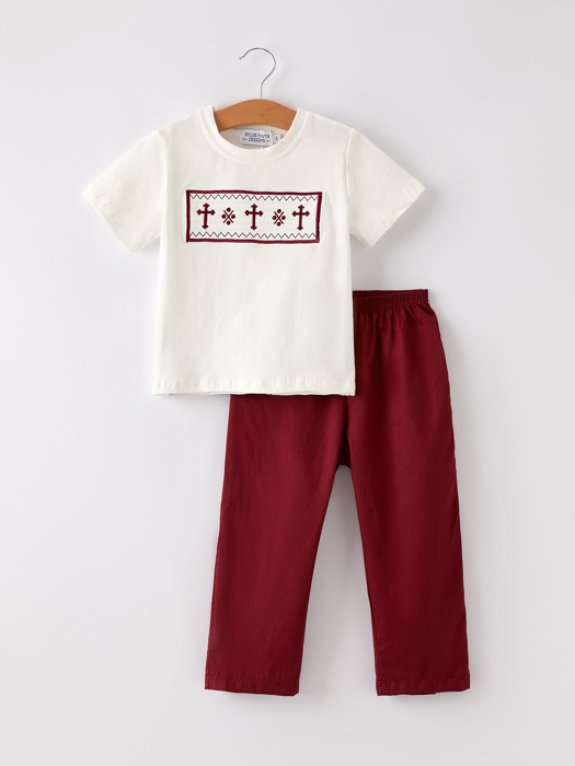 Dark Red Smocked Church Christ Bishop Christening Toddler Boys'Set