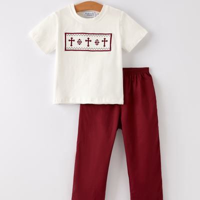 Dark Red Smocked Church Christ Bishop Christening Toddler Boys'Set