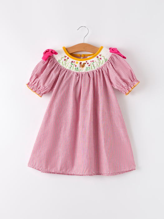 Autumn Rooster Smock Embroidered Toddler Girls Dress