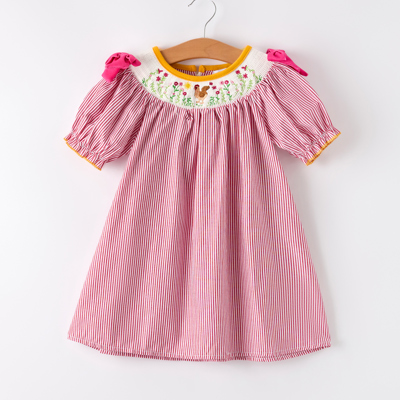 Autumn Rooster Smock Embroidered Toddler Girls Dress