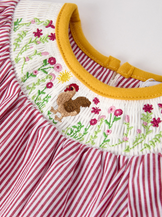 Autumn Rooster Smock Embroidered Baby Girl Romper