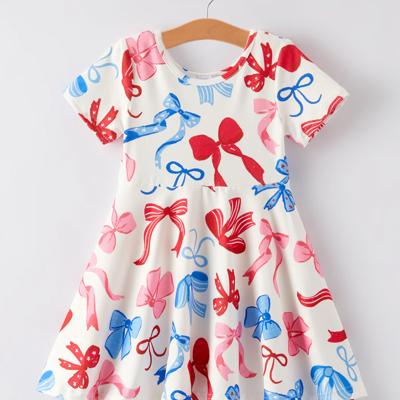 Girl's 4th of July Color Bow Printed Short Sleeves Dress