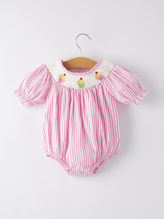 Baby Girls Stripe Cake Smocking Embroidered Pink Romper