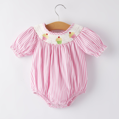 Baby Girls Stripe Cake Smocking Embroidered Pink Romper