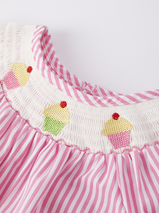 Baby Girls Stripe Cake Smocking Embroidered Pink Romper