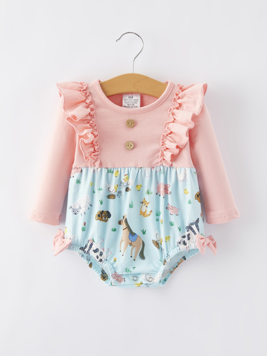 Farm Baby Girl Ruffle Print Pink Romper