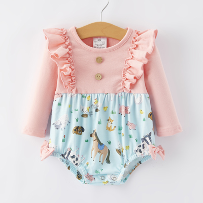 Farm Baby Girl Ruffle Print Pink Romper