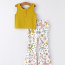 6 Yellow Girls Top Bow Floral Print Bell Bottom Pants Set