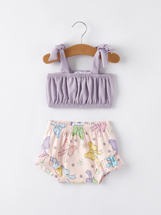 Summer Baby Purple Bow Pleated Suspender Vest And Floral Bloomers Set