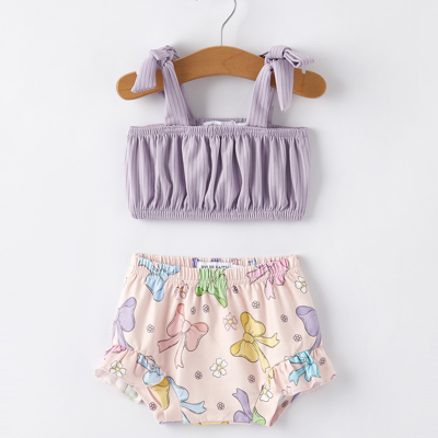 Summer Baby Purple Bow Pleated Suspender Vest And Floral Bloomers Set