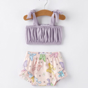  Summer Baby Purple Bow Pleated Suspender Vest And Floral Bloomers Set