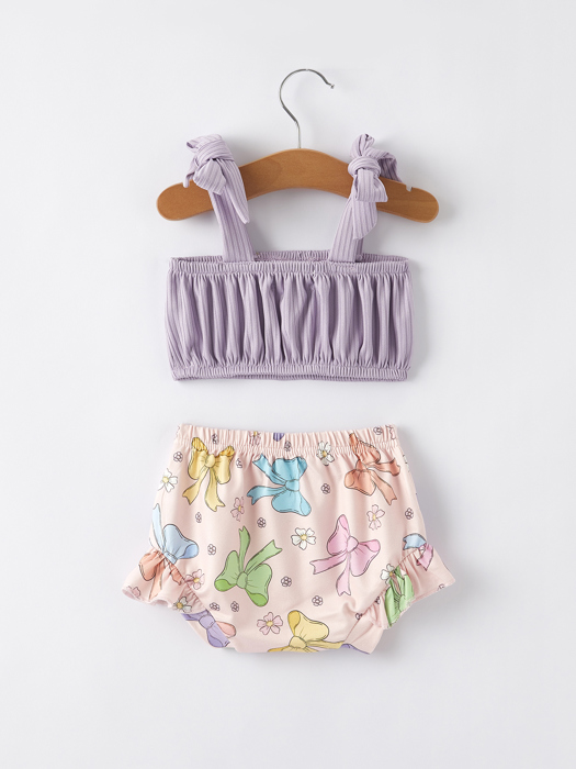 Summer Baby Purple Bow Pleated Suspender Vest And Floral Bloomers Set