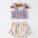  Summer Baby Purple Bow Pleated Suspender Vest And Floral Bloomers Set