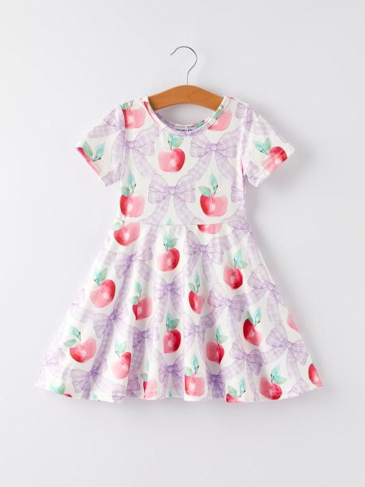 Back to School Purple Bow Apple Print Girls Dress