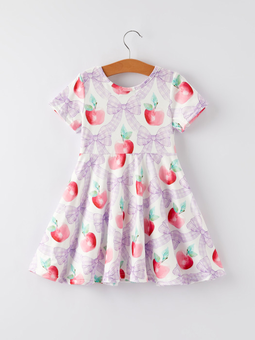 Back to School Purple Bow Apple Print Girls Dress