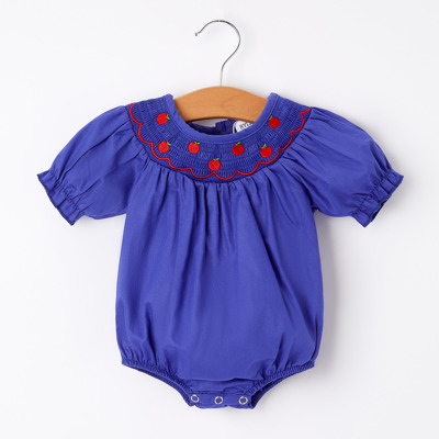 Back To School Apple Embroidery Blue Baby Girls Romper