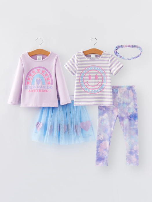 Girls 5-piece T-shirt Gauze skirt Pants Set with headband