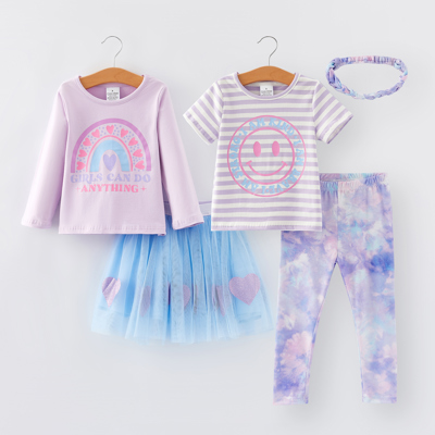 Girls 5-piece T-shirt Gauze skirt Pants Set with headband