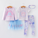  Girls 5-piece T-shirt Gauze skirt Pants Set with headband