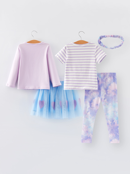 Girls 5-piece T-shirt Gauze skirt Pants Set with headband