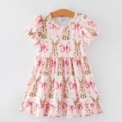 Girls Easter Bunny Bow Print Puff Sleeves  Dress