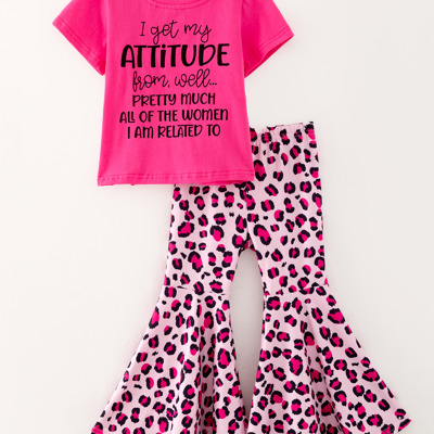 Toddler Hot pink "ATTITUDE" Letter Print Top + Leopard Print Flared Pants