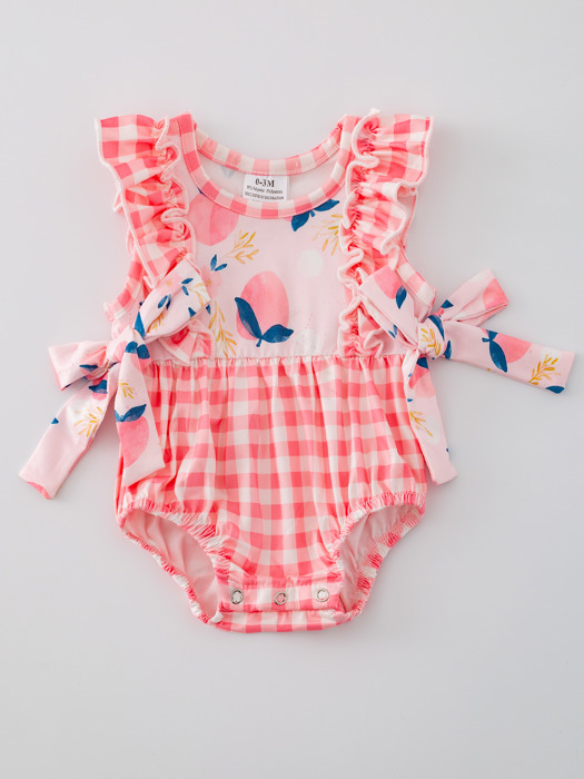 Peach Plaid Bow Ruffle Baby Girls Romper Set