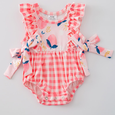 Peach Plaid Bow Ruffle Baby Girls Romper Set