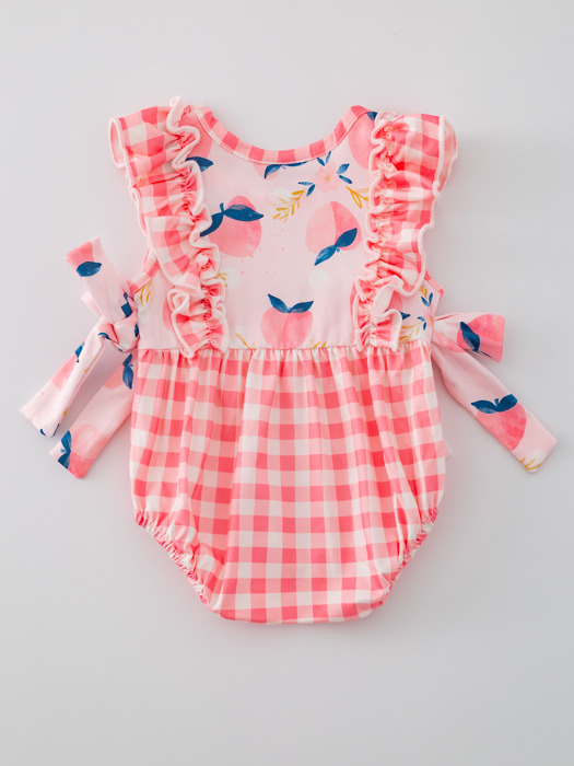 Peach Plaid Bow Ruffle Baby Girls Romper Set