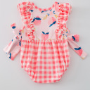  Peach Plaid Bow Ruffle Baby Girls Romper Set