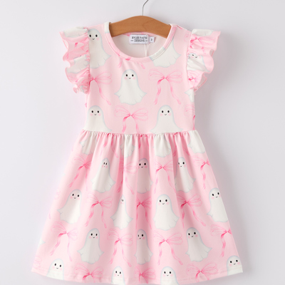 Halloween Pink Ghost Bow Flying Sleeve Dress