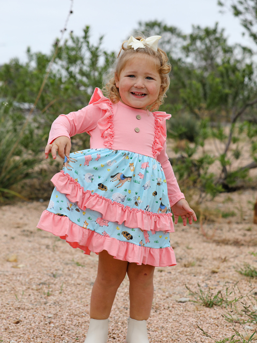 Farm Toddler Girl Ruffle Pink Print Dress