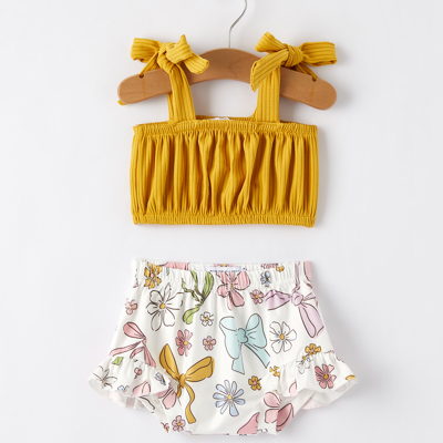 Spring Summer Baby Yellow Bow Suspender Vest And Floral Bloomers Set