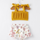  Spring Summer Baby Yellow Bow Suspender Vest And Floral Bloomers Set