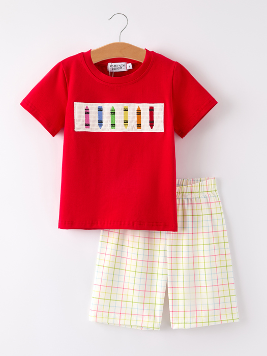 Toddler Boys Back to School Pencil Smock Embroidered Plaid Set